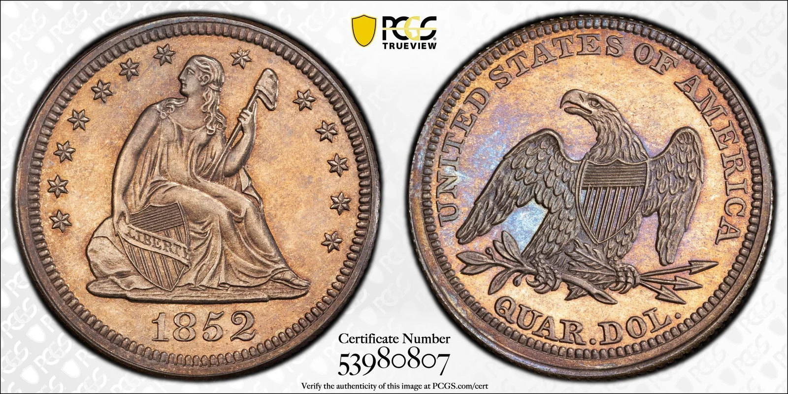 PCGS PR64 1852 Liberty Seated proof quarter, obverse and reverse, reference example