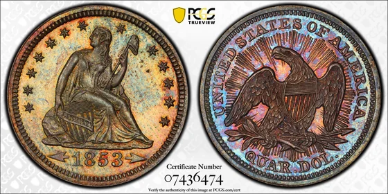 PCGS PR64 1853 Arrows and Rays Liberty Seated proof quarter, obverse and reverse, reference example