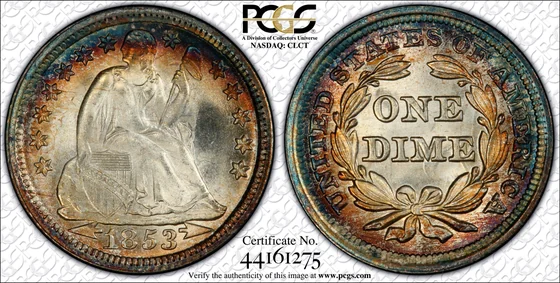 PCGS MS68+ 1853 Arrows Liberty Seated dime, obverse and reverse, reference example