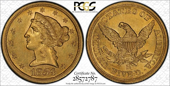 PCGS TrueView photograph of 1854-S Liberty Head Half Eagle