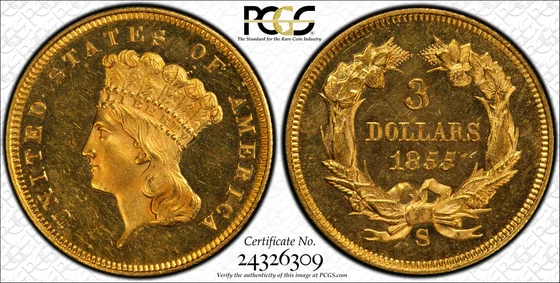 PCGS TrueView photograph of 1855-S Three-Dollar Gold Piece, Branch-Mint Proof
