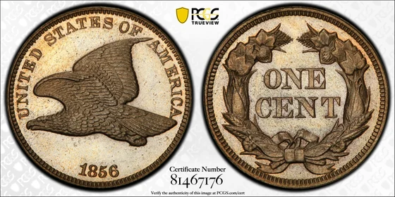Obverse and reverse of 1856 Flying Eagle cent, Business Strike; PCGS TrueView photograph