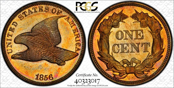 Obverse and reverse of 1856 Flying Eagle cent, Proof; PCGS TrueView photograph