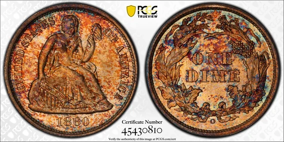 PCGS MS67 1860-O Liberty Seated dime, obverse and reverse, reference example