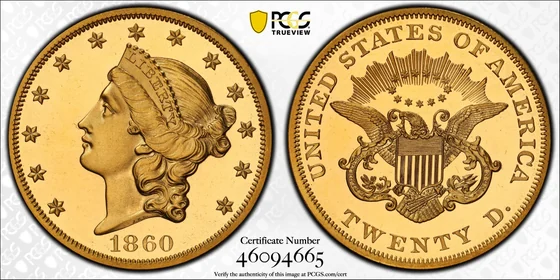 PCGS TrueView photograph of 1860 Liberty Head Double Eagle, Proof