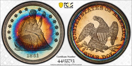 PCGS PR68 Cameo 1861 Liberty Seated proof quarter, obverse and reverse, reference example