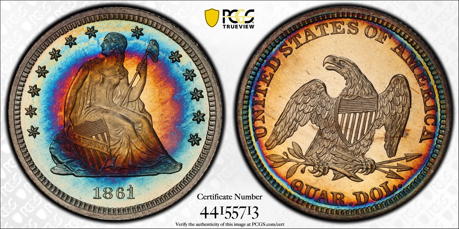 PCGS PR68 Cameo 1861 Liberty Seated proof quarter, obverse and reverse, reference example