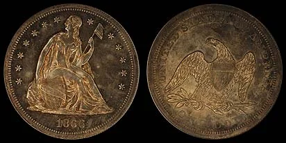 NGC photograph of the 1866 No Motto Liberty Seated proof dollar