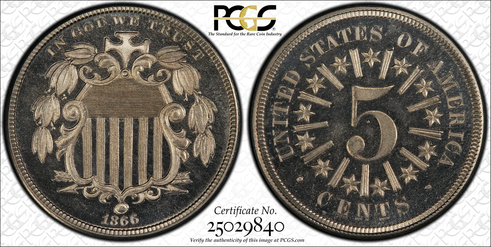 1866 Shield nickel, With Rays, Proof, PCGS PR67DCAM specimen, obverse and reverse