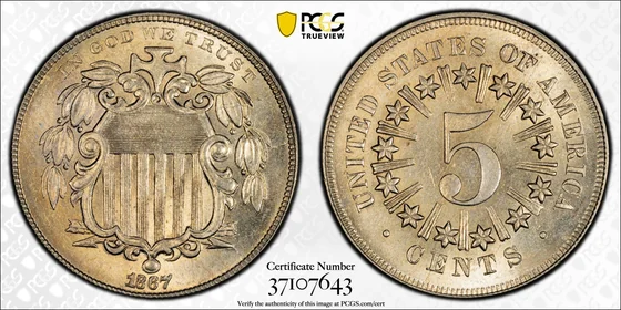 1867 Shield nickel, With Rays, Business Strike, PCGS MS66+ specimen, obverse and reverse
