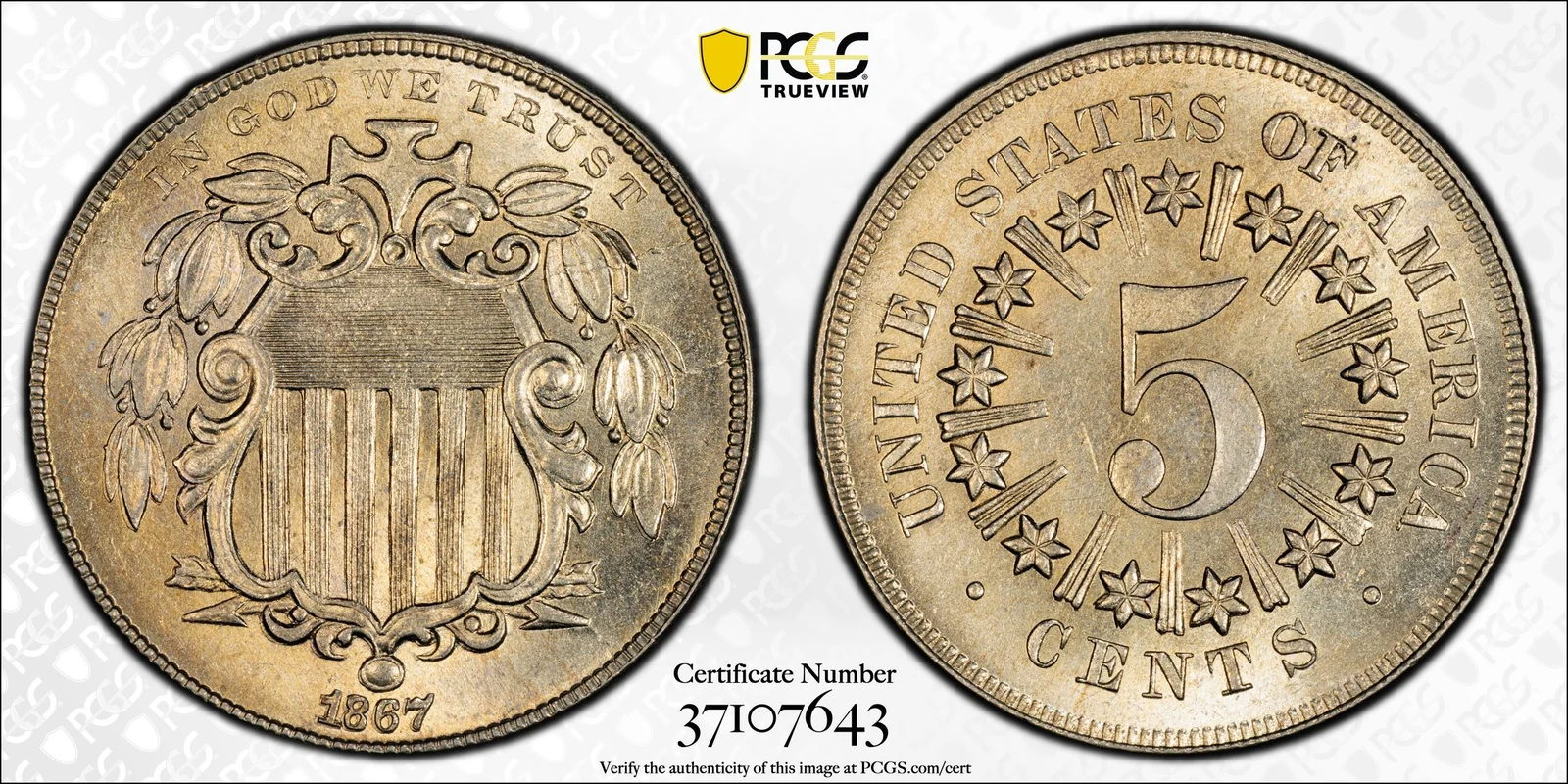 1867 Shield nickel, With Rays, Business Strike, PCGS MS66+ specimen, obverse and reverse
