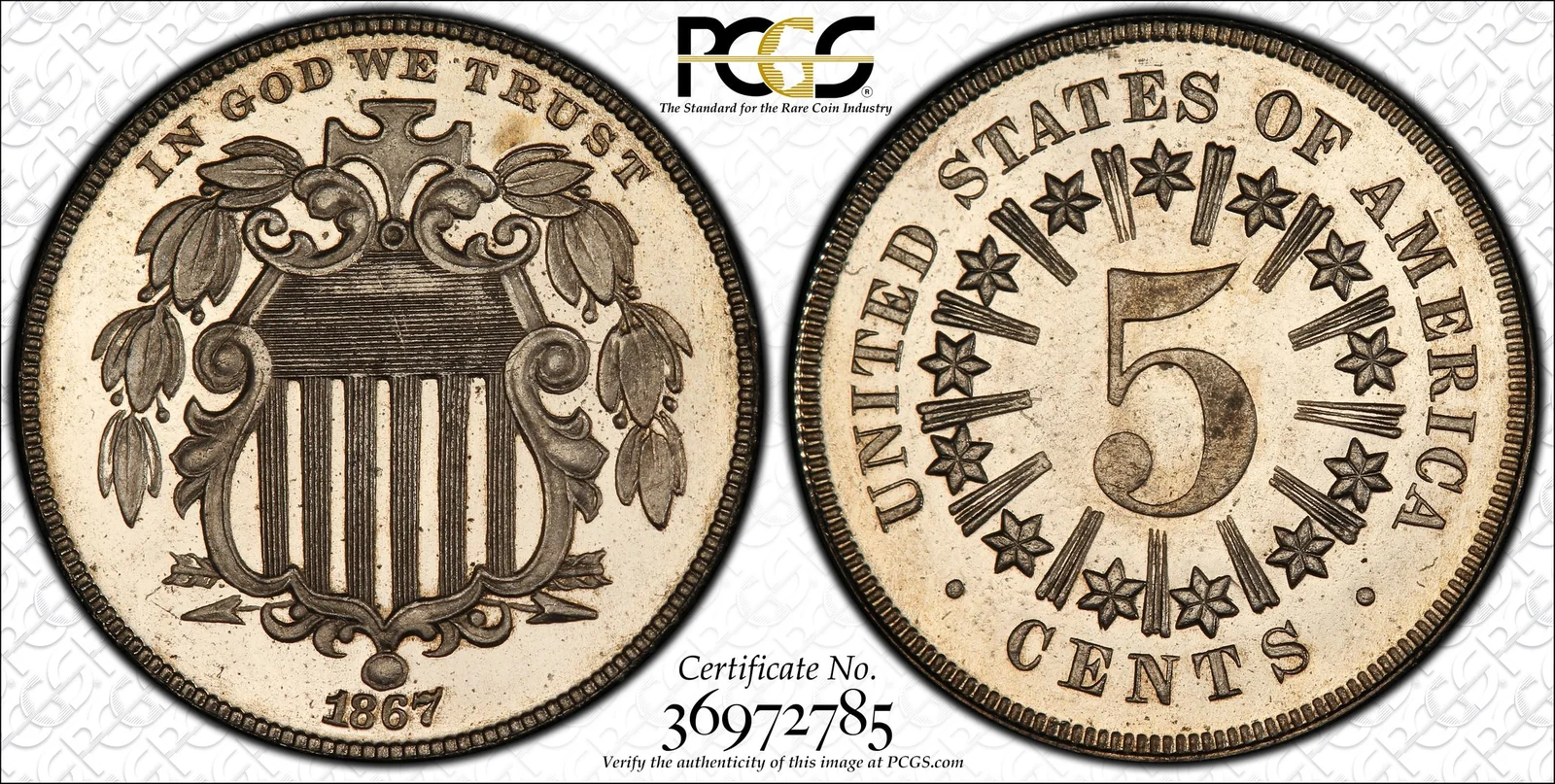 1867 Shield nickel, With Rays, Proof, PCGS PR66CAM specimen, obverse and reverse