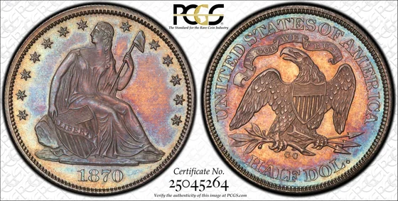 PCGS MS64 1870-CC Liberty Seated half dollar, obverse and reverse, reference example