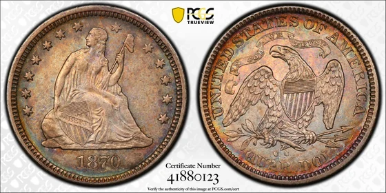 PCGS AU55 1870-CC Liberty Seated quarter, obverse and reverse, reference example
