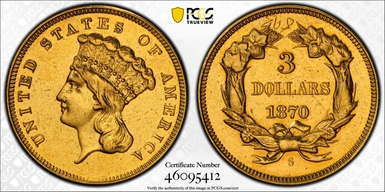 PCGS TrueView photograph of 1870-S Three-Dollar Gold Piece
