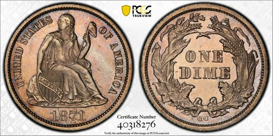 PCGS MS62 1871-CC Liberty Seated dime, obverse and reverse, reference example