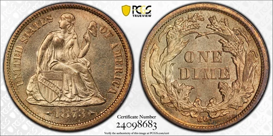 PCGS MS65 1873-CC Arrows Liberty Seated dime, obverse and reverse, reference example