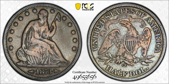 PCGS F12 1873-CC No Arrows WB-7 Liberty Seated half dollar, obverse and reverse, reference example