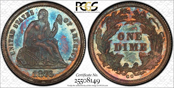 PCGS SP66 1876-CC Type B Liberty Seated specimen dime, obverse and reverse, reference example