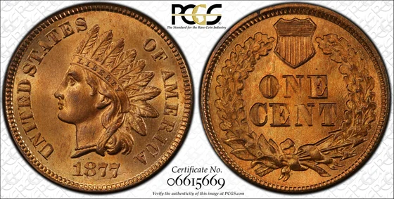 Obverse and reverse of 1877 Indian Head cent; PCGS TrueView photograph