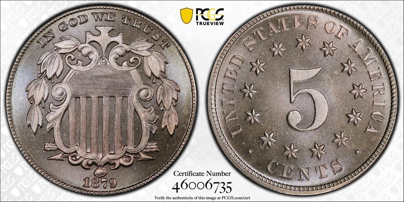 1879/8 Shield nickel, Proof, PCGS PR68 specimen, obverse and reverse