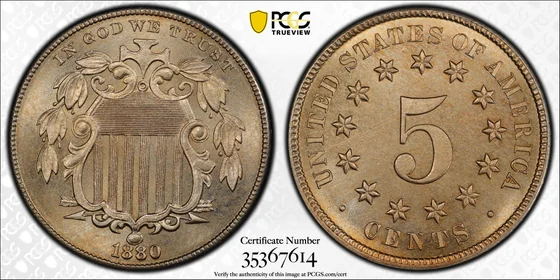 Obverse and reverse of 1880 Shield nickel, Business Strike; PCGS TrueView photograph