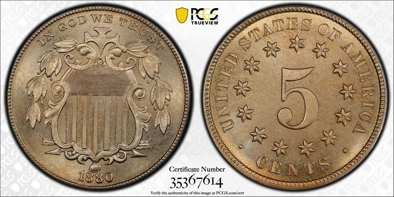 Obverse and reverse of 1880 Shield nickel, Business Strike; PCGS TrueView photograph