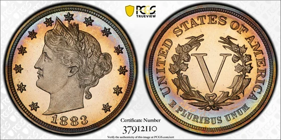 Representative Obverse and reverse of 1883 Liberty Head nickel, No CENTS, Proof; PCGS TrueView photograph