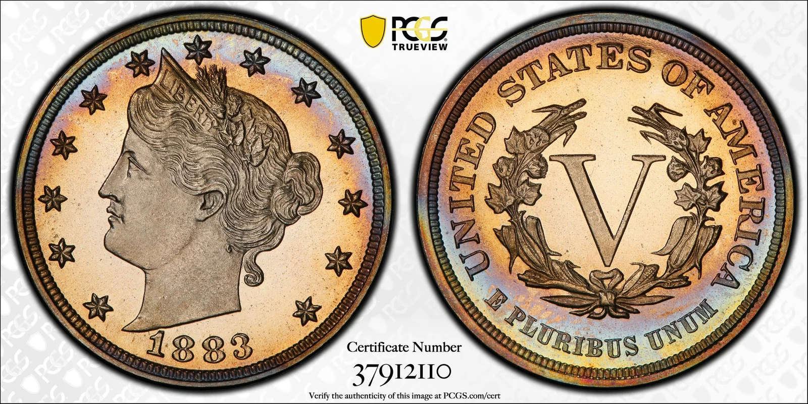 Representative Obverse and reverse of 1883 Liberty Head nickel, No CENTS, Proof; PCGS TrueView photograph