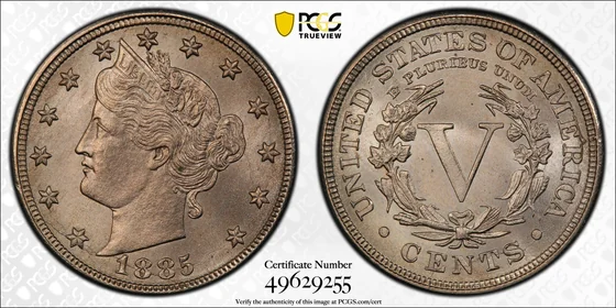 Representative Obverse and reverse of 1885 Liberty Head nickel; PCGS TrueView photograph