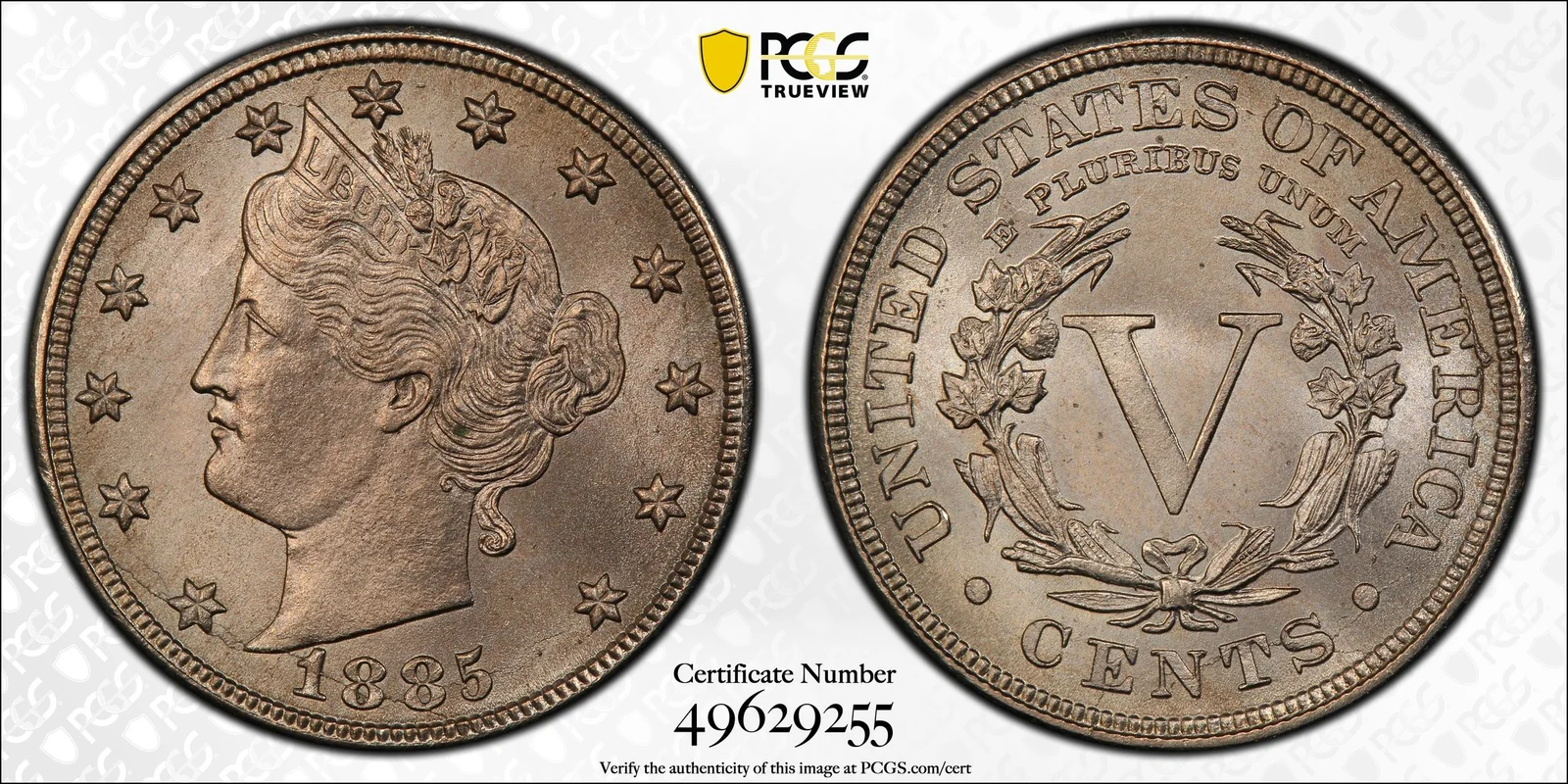 Representative Obverse and reverse of 1885 Liberty Head nickel; PCGS TrueView photograph