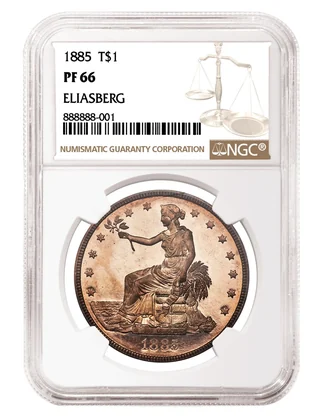 Obverse of the 1885 Eliasberg Trade dollar graded NGC PF66