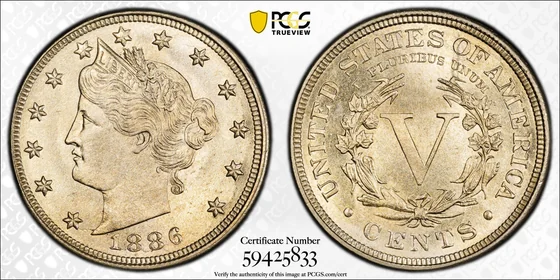 Representative Obverse and reverse of 1886 Liberty Head nickel; PCGS TrueView photograph