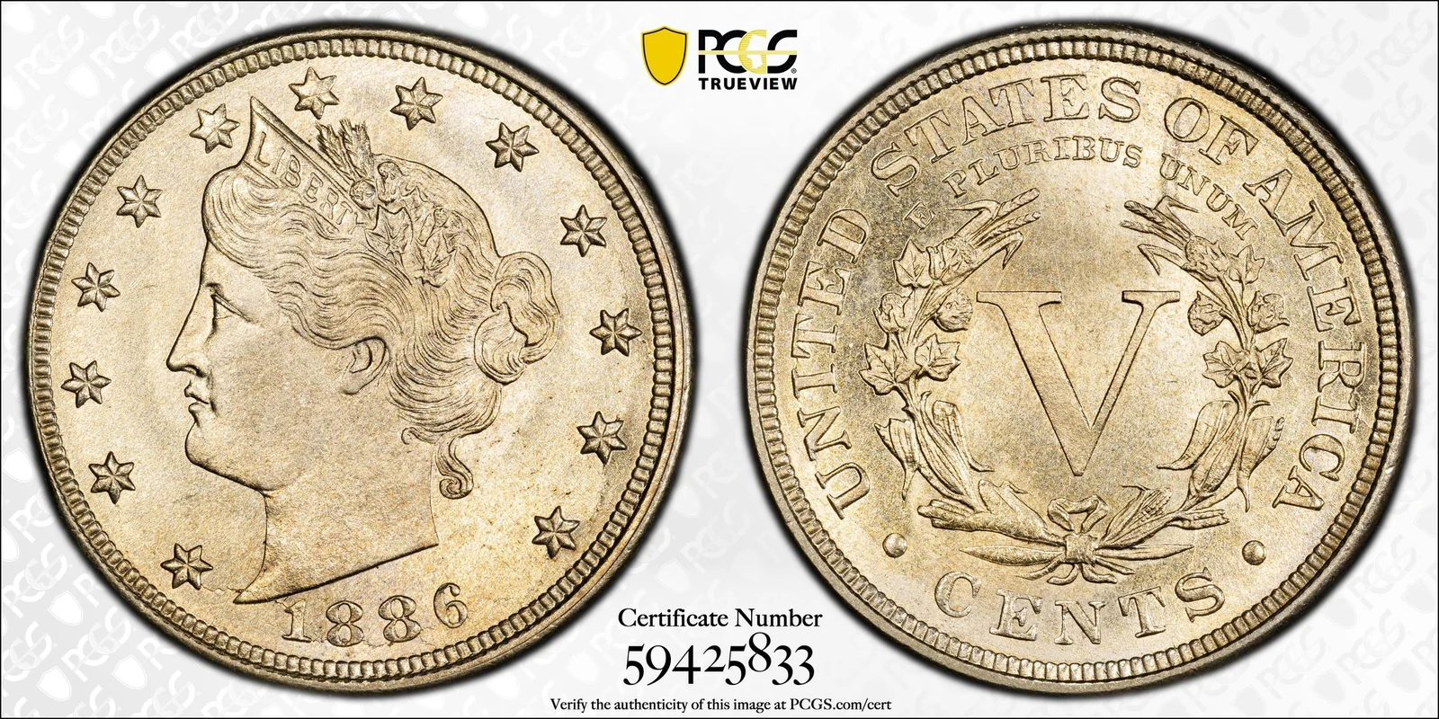 Representative Obverse and reverse of 1886 Liberty Head nickel; PCGS TrueView photograph