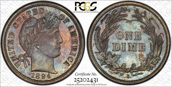 PCGS TrueView of the 1894-S Barber dime, cert 25202431, obverse and reverse