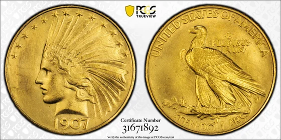 PCGS TrueView photograph of 1907 Indian Head Eagle, Rolled Edge Proof