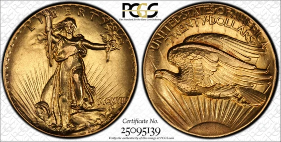 PCGS TrueView photograph of 1907 Ultra High Relief Double Eagle, Sans-Serif Edge