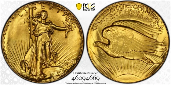 PCGS TrueView photograph of 1907 Ultra High Relief Double Eagle, Inverted Edge Letters