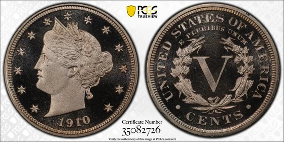Obverse and reverse of 1910 Liberty Head nickel, Proof; PCGS TrueView photograph