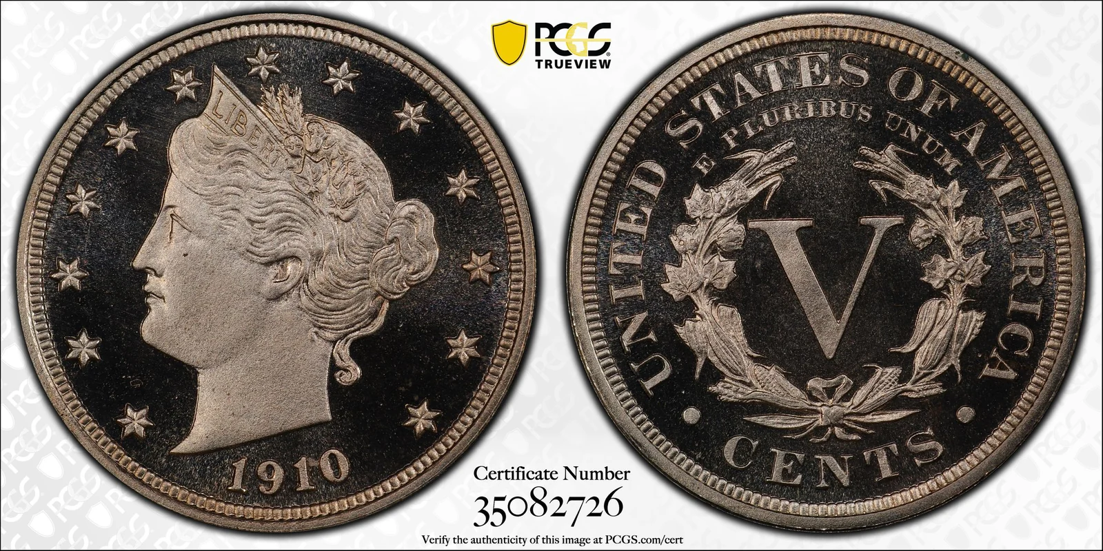 Obverse and reverse of 1910 Liberty Head nickel, Proof; PCGS TrueView photograph