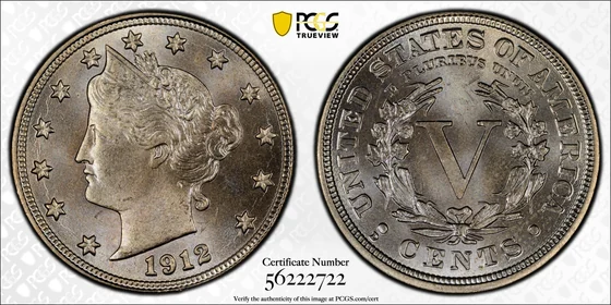 Representative Obverse and reverse of 1912-D Liberty Head nickel; PCGS TrueView photograph