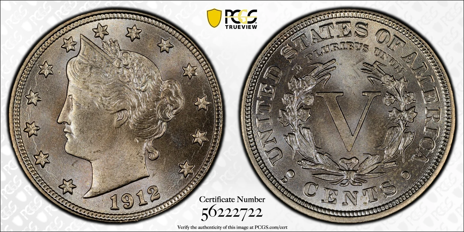 Representative Obverse and reverse of 1912-D Liberty Head nickel; PCGS TrueView photograph