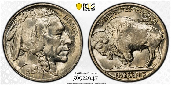 Representative Obverse and reverse of 1913-D Buffalo nickel, Type 2; PCGS TrueView photograph