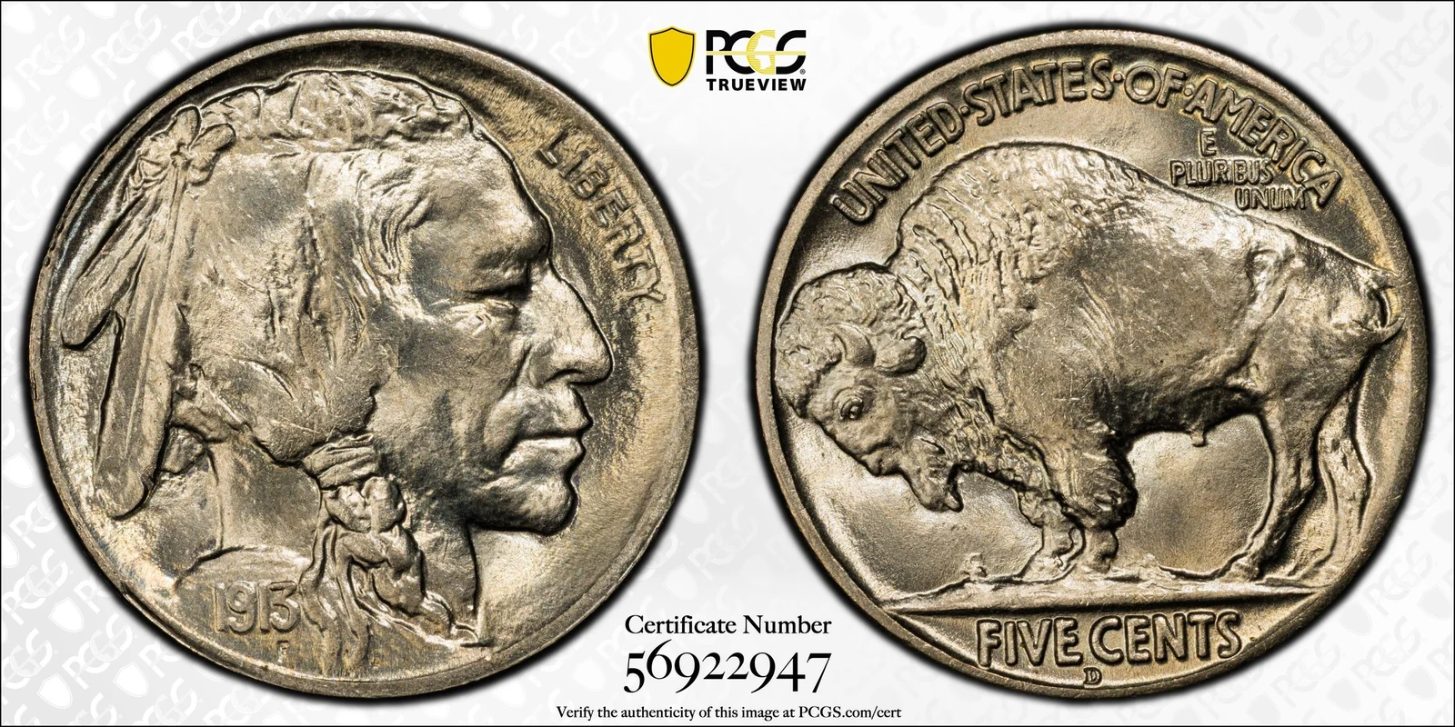 Representative Obverse and reverse of 1913-D Buffalo nickel, Type 2; PCGS TrueView photograph