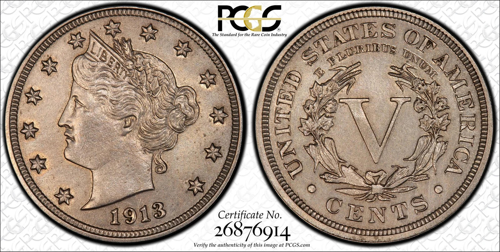Representative 1913 Liberty Head nickel, PCGS PR63, not the Eliasberg auction specimen