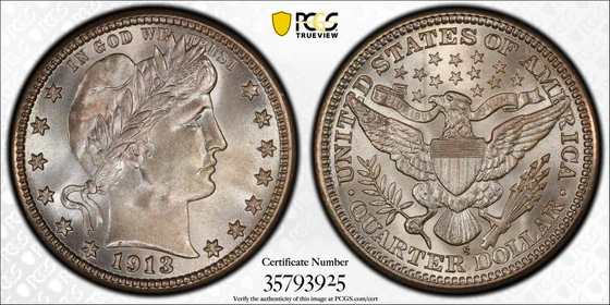 PCGS MS68 1913-S Barber quarter, obverse and reverse, reference example