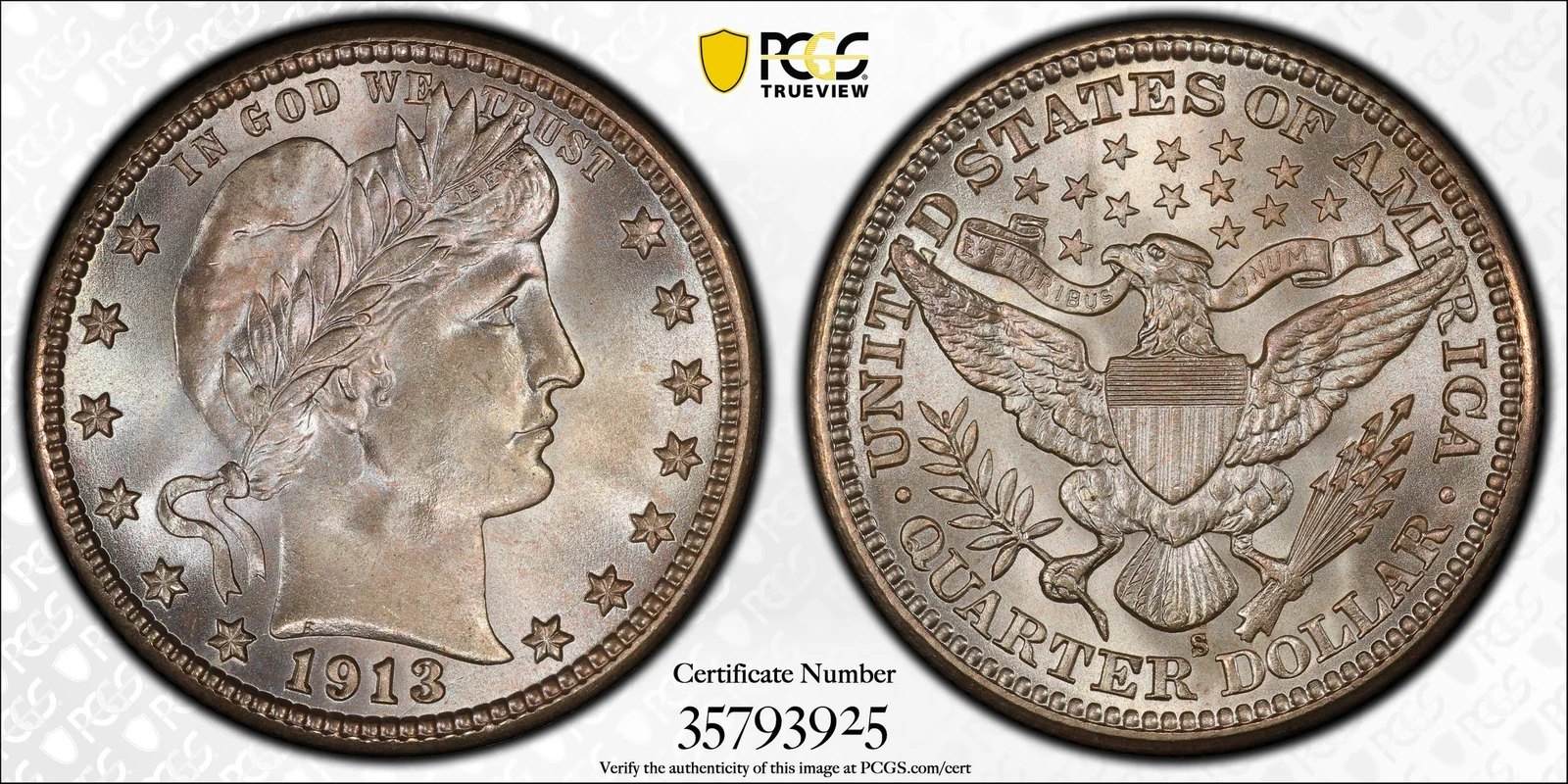 PCGS MS68 1913-S Barber quarter, obverse and reverse, reference example