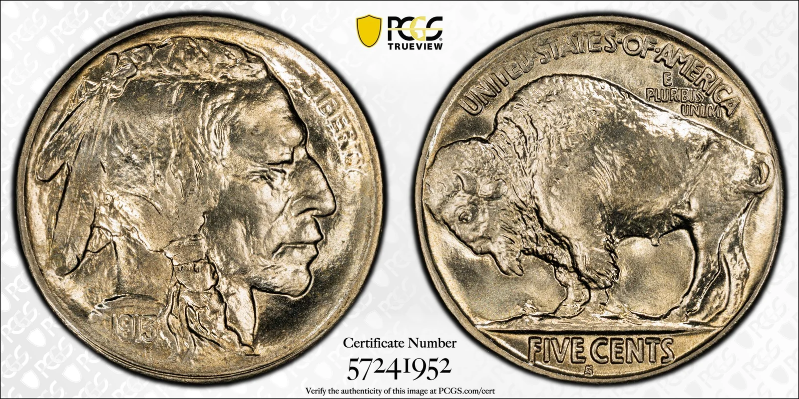 Obverse and reverse of 1913-S Buffalo nickel, Type 2; PCGS TrueView photograph