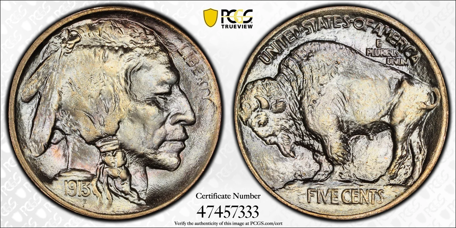 1913 Buffalo nickel, Type 1, Business Strike, PCGS MS68+ specimen, obverse and reverse