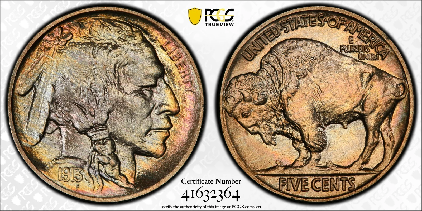 1913 Buffalo nickel, Type 2, Proof, PCGS PR68+ specimen, obverse and reverse